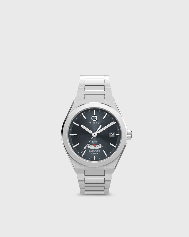 Timex Q - Timex Gmt Silver Tone Case and Bracelet 39MM Case Black
