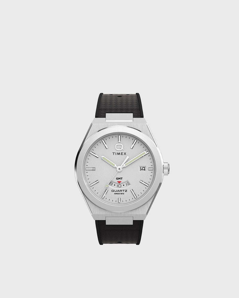 Timex Q - Timex Gmt Silver Tone Wth Black Rubber Strap 39MM Case Black|silver