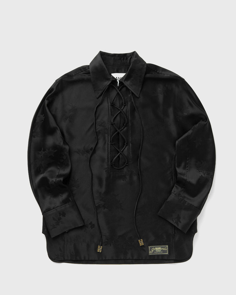 Ganni Fluid Satin Jacquard Tie String Raglan Shirt Black