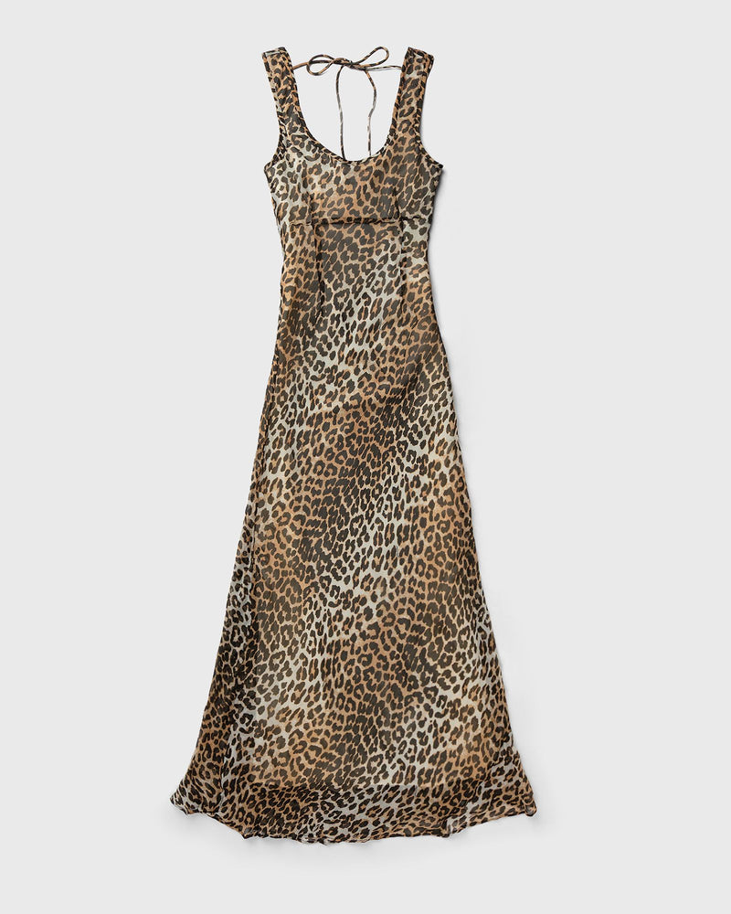 Ganni Printed Viscose Chiffon Maxi Dress Brown|beige